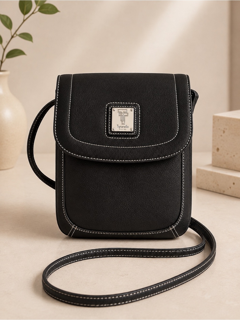 Tignanello Black Crossbody Phone bag with Contrast Stitching
